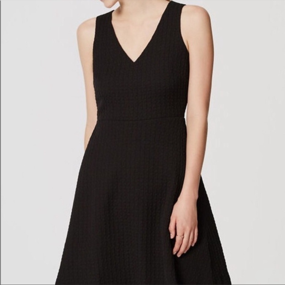 Ann Taylor Loft Black Textured Ponte V Neck Dress